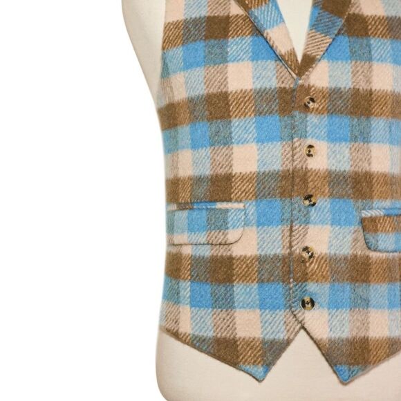 Mens 46R Lambswool Plaid Check Vest Waistcoat Cream Brown Blue Preppy Casual - Picture 6 of 8
